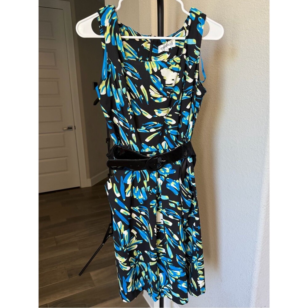 STUDIO I Sleeveless Blue Floral Print A-Line Dress with Belt 8